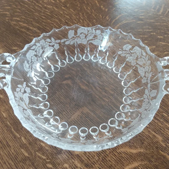Vintage Floral Etched Round and Flared Handled Glass Serving Dishes/Bowls - Picture 3 of 9